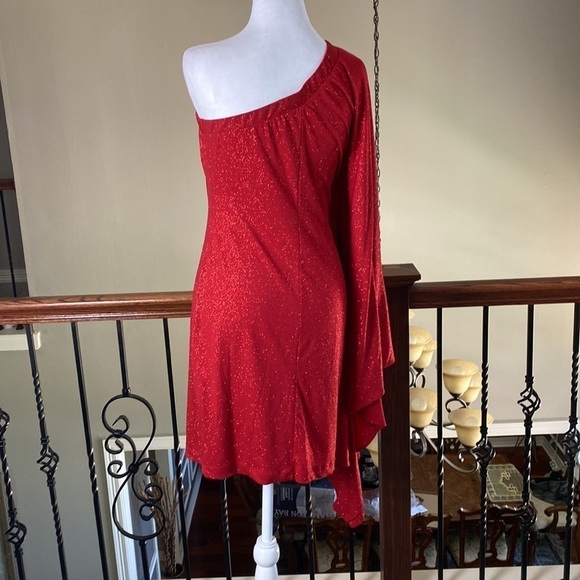 Venus Red One-Shoulder One Sleeve Party Cocktail Shimmer Short Mini Dress size M - Picture 5 of 10